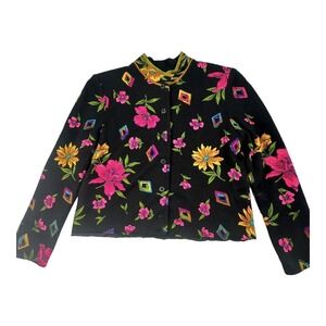Vintage Handmade? Black Floral Vibrant Colors Cardigan Sweater Sz S PLEASE READ